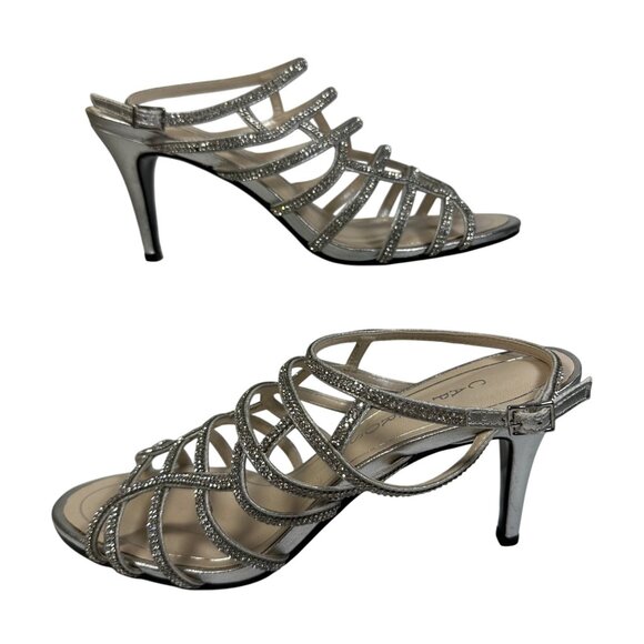 Caparros Womens Silver Strappy Rhinestone Stiletto Heels HOCO Sandals 9.5B - Picture 2 of 8
